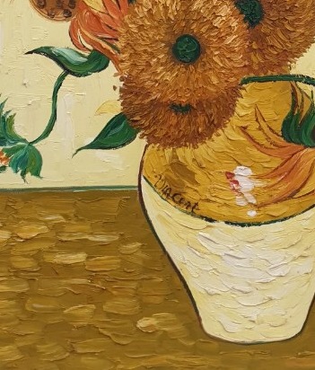 Image of a copy of a Van Gogh painting, featuring sun flowers and thick textured paint. 