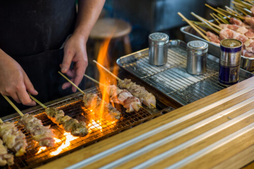 Yakitori chicken stand in Japan at street food vendor market