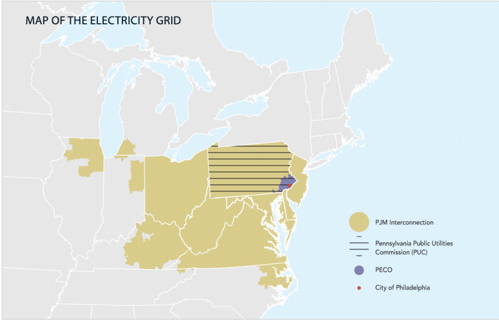 map of united states with overlapping regional utilities, powering our future: a clean energy vision for philadelphia